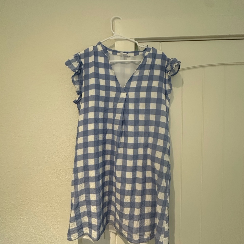 THML Blue and White Ruffled Mini Dress